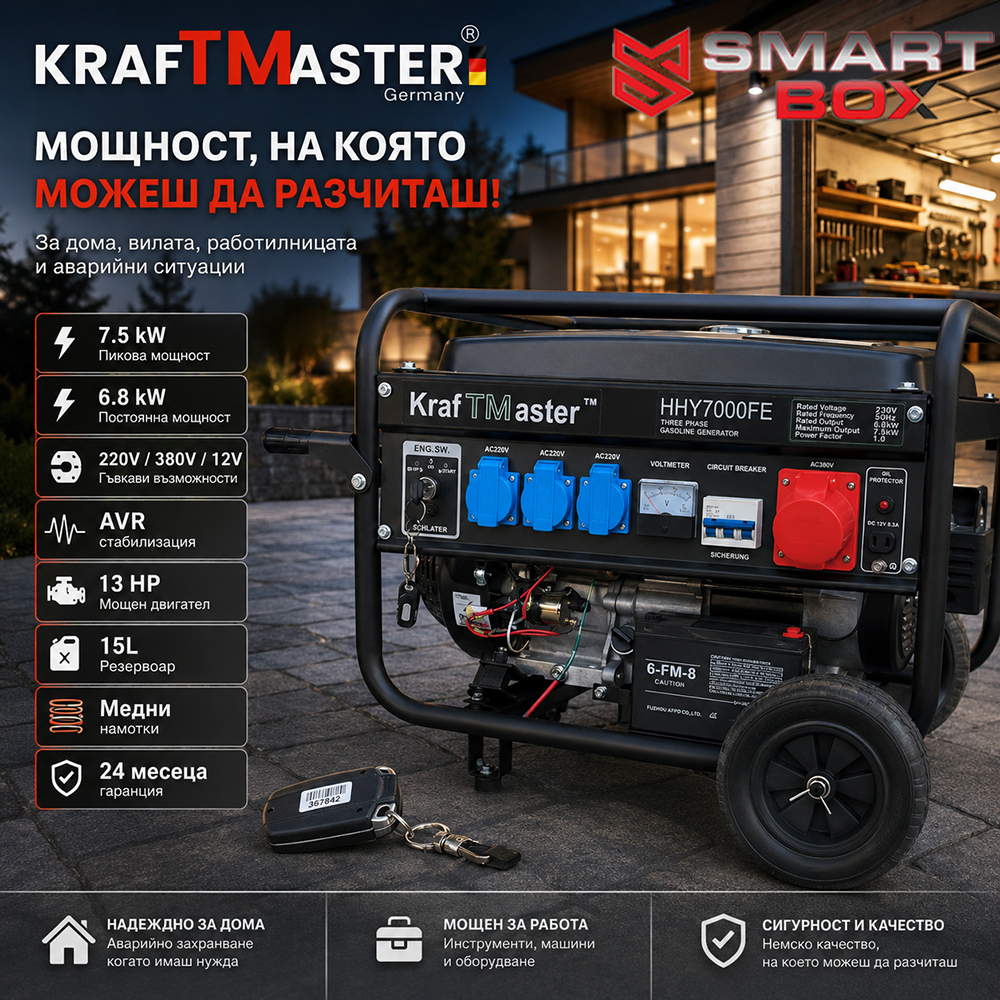 Бензинов генератор KRAFTMASTER 7.5kW 220V/380V/12V с AVR, колела и дръжки